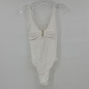 Cream Textured V-Notch One-Piece Swimsuit Size L